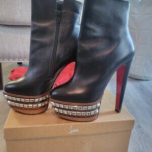 Christian Louboutin Black Leather Faolo Studded Platform Ankle Boots Size 40.5